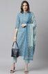 Blue Cotton Floral Print Kurta with Pant and Dupatta